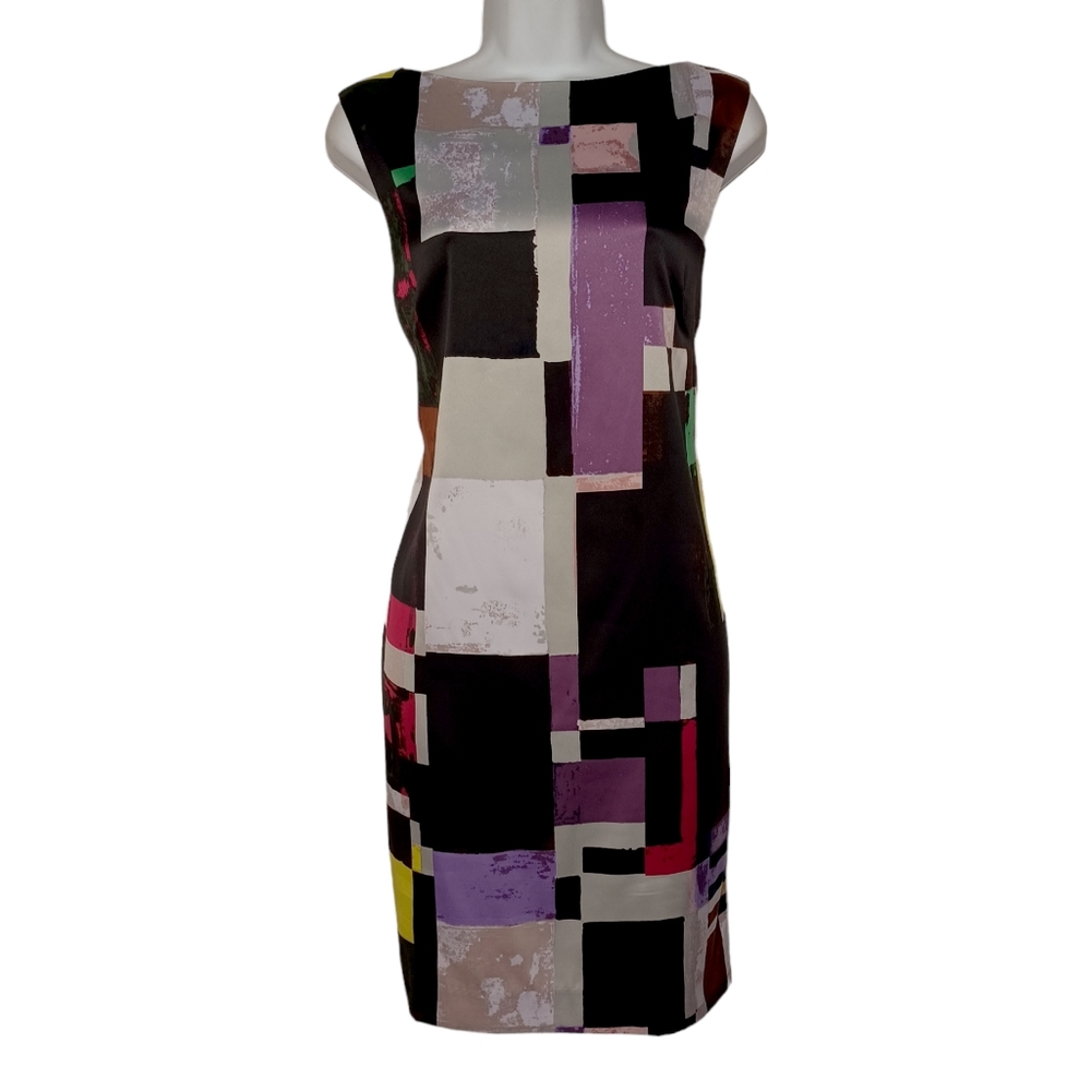 RACHEL RACHEL ROY Colorful Geometric Gray Purple Print Sheath Black Dress NWT S